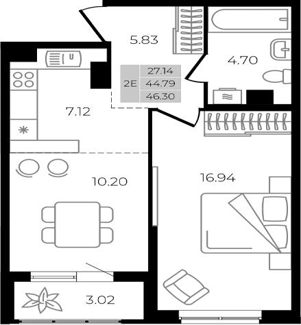 Продается 2-комн. квартира, 44.79 м²