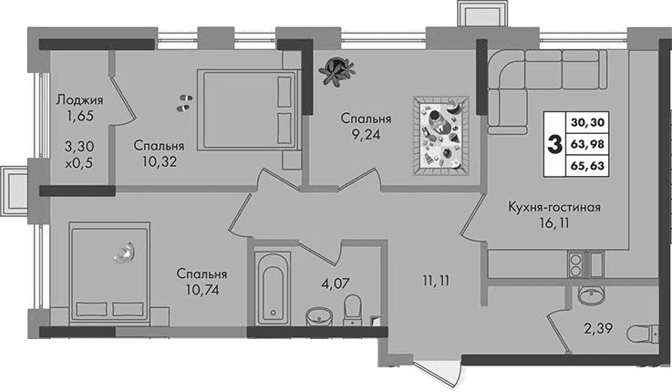Продается 3-комн. квартира, 63.98 м²