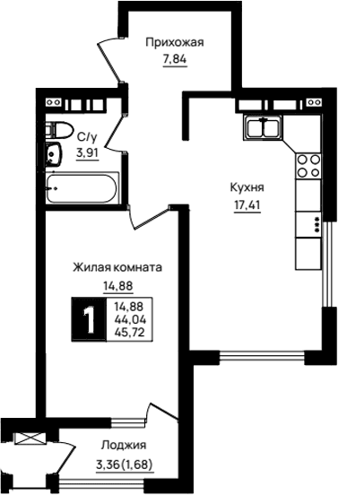 Продается 1-комн. квартира, 44.04 м²