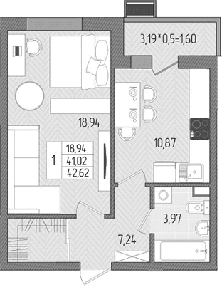 Продается 1-комн. квартира, 41.02 м²