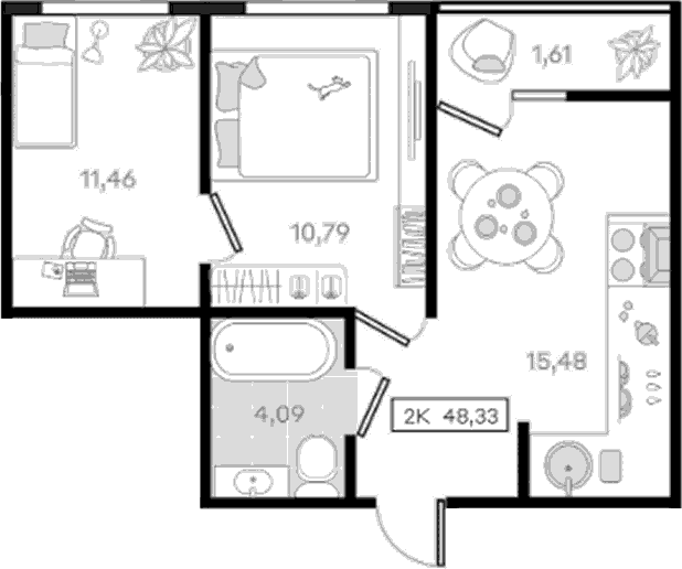 Продается 2-комн. квартира, 46.72 м²