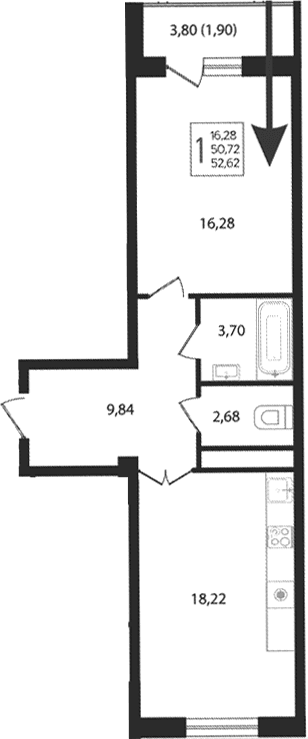 Продается 2-комн. квартира, 50.72 м²