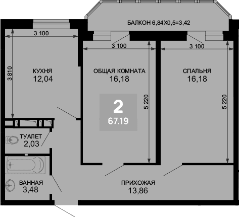 Продается 2-комн. квартира, 63.77 м²