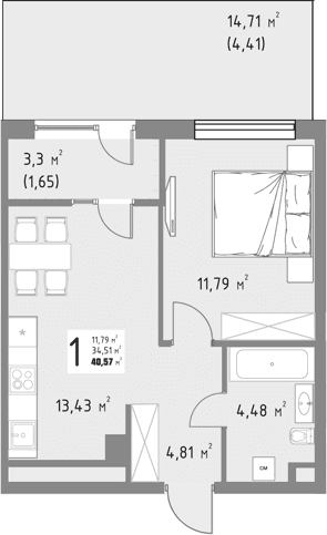 Продается 1-комн. квартира, 34.51 м²