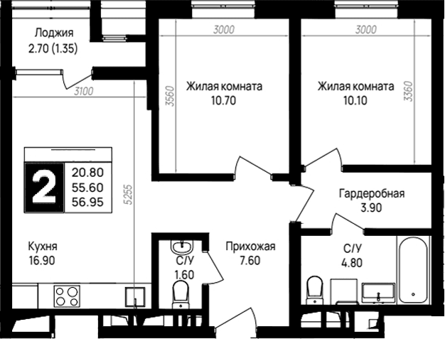 Продается 2-комн. квартира, 55.6 м²