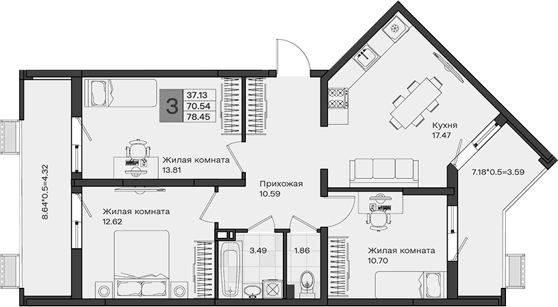 Продается 3-комн. квартира, 70.54 м²