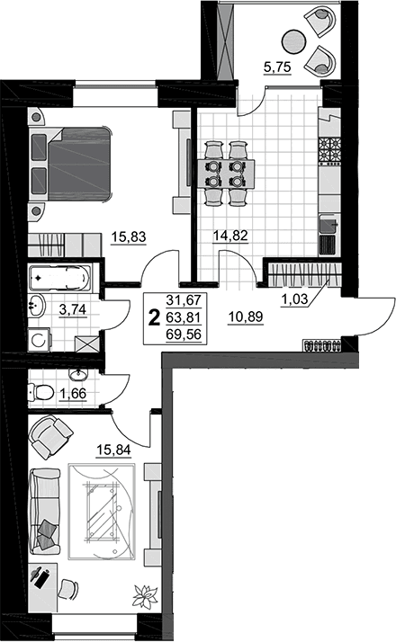 Продается 2-комн. квартира, 63.81 м²