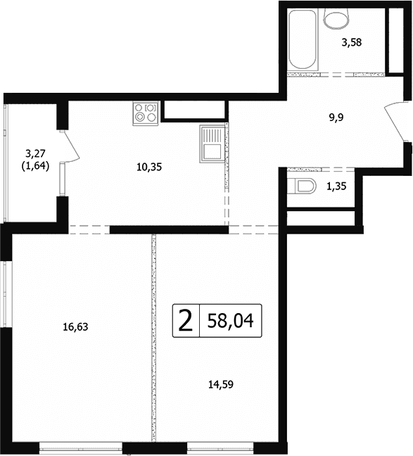 Продается 2-комн. квартира, 55.16 м²