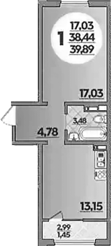Продается 1-комн. квартира, 38.44 м²