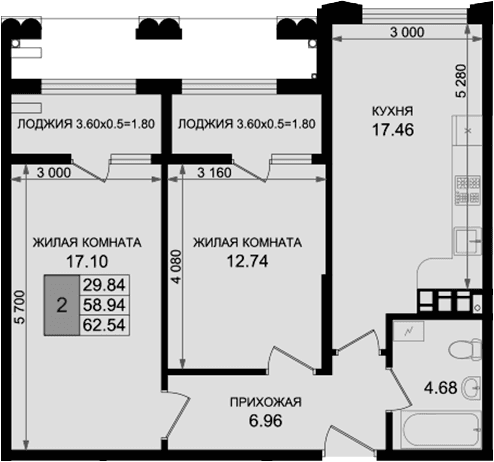 Продается 2-комн. квартира, 58.94 м²