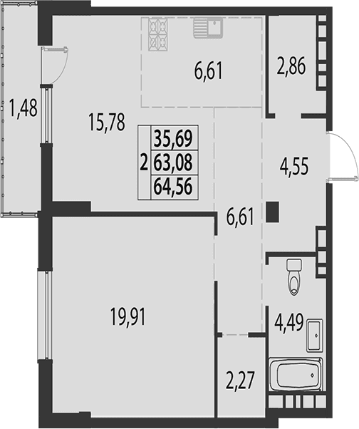 Продается 2-комн. квартира, 63.08 м²