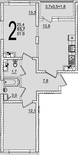 Продается 2-комн. квартира, 51.9 м²
