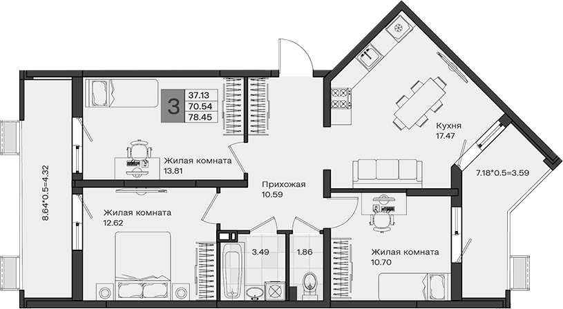 Продается 3-комн. квартира, 70.54 м²
