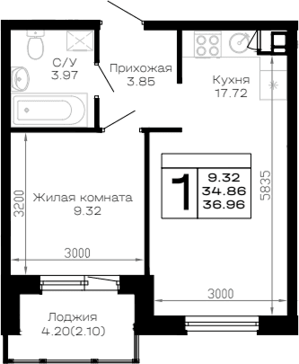 Продается 1-комн. квартира, 34.86 м²