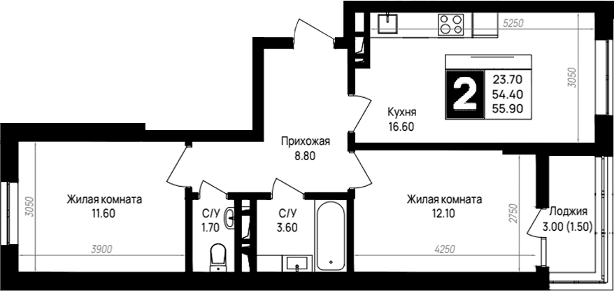 Продается 2-комн. квартира, 54.4 м²