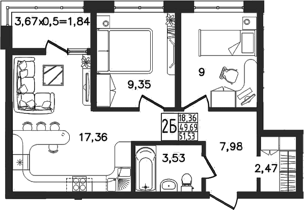 Продается 3-комн. квартира, 49.69 м²