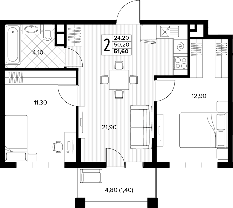 Продается 2-комн. квартира, 50.2 м²