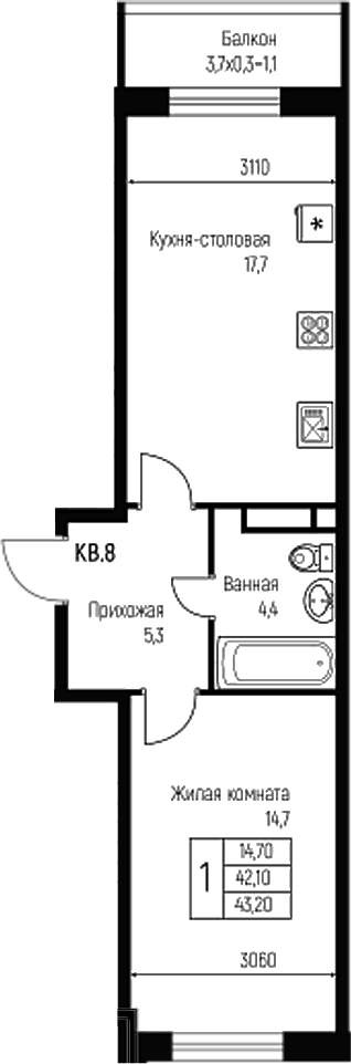 Продается 2-комн. квартира, 42.1 м²