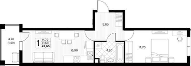 Продается 1-комн. квартира, 41.6 м²