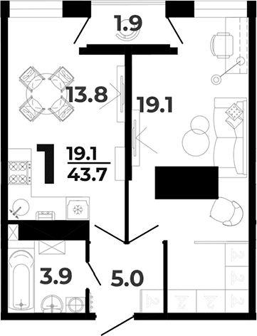 Продается 1-комн. квартира, 41.8 м²