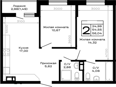 Продается 2-комн. квартира, 54.55 м²