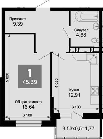 Продается 1-комн. квартира, 44.09 м²