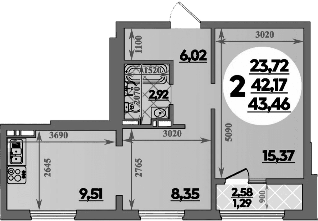 Продается 2-комн. квартира, 42.17 м²