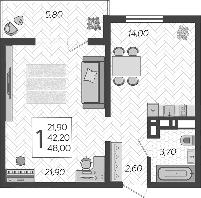 Продается 1-комн. квартира, 42.2 м²