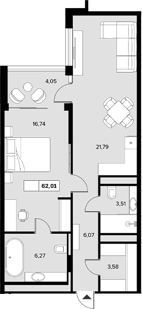 Продается 1-комн. квартира, 57.96 м²
