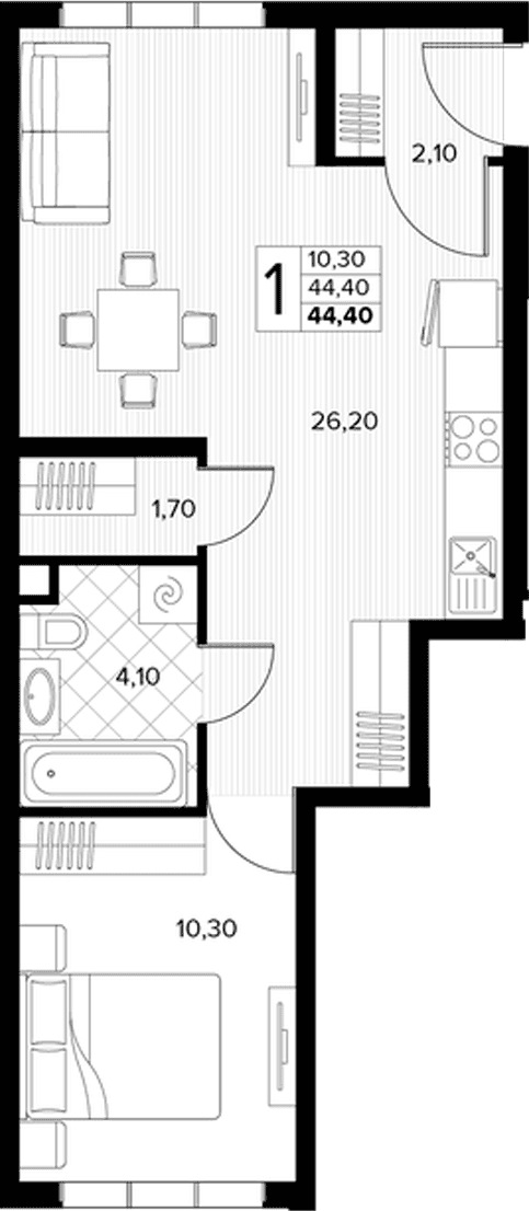 Продается 1-комн. квартира, 44.4 м²