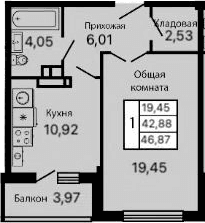 Продается 1-комн. квартира, 42.9 м²