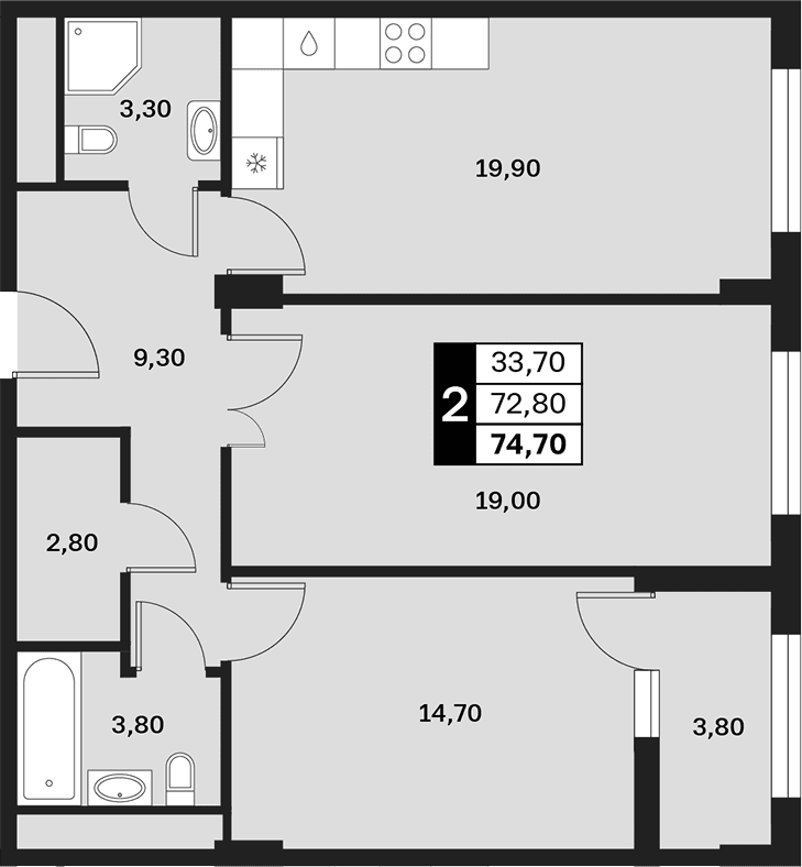Продается 2-комн. квартира, 72.8 м²