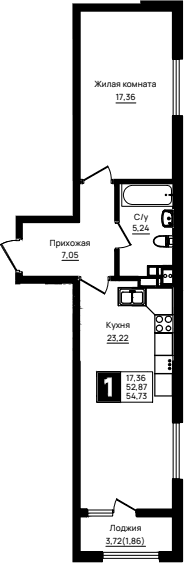 Продается 1-комн. квартира, 52.87 м²