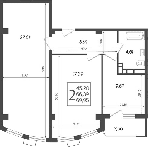 Продается 2-комн. квартира, 66.39 м²