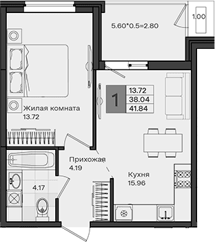 Продается 1-комн. квартира, 38.04 м²