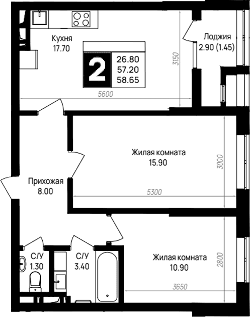 Продается 2-комн. квартира, 57.2 м²