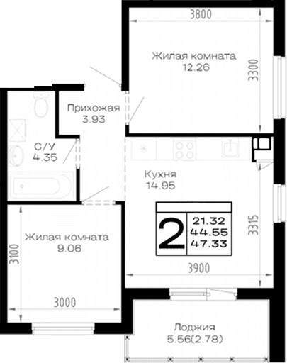 Продается 2-комн. квартира, 44.55 м²