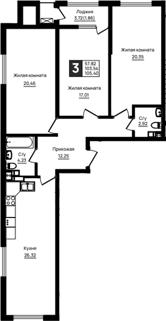 Продается 3-комн. квартира, 103.54 м²