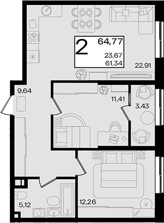 Продается 2-комн. квартира, 61.34 м²