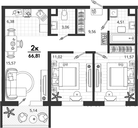 Продается 2-комн. квартира, 61.67 м²