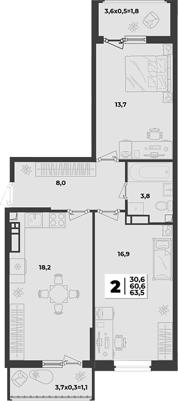 Продается 2-комн. квартира, 60.6 м²