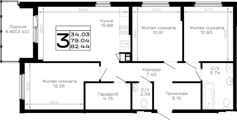 Продается 3-комн. квартира, 79.04 м²