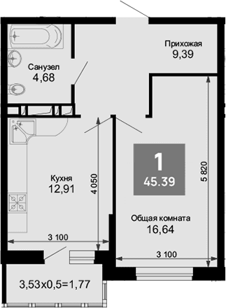 Продается 1-комн. квартира, 44.09 м²