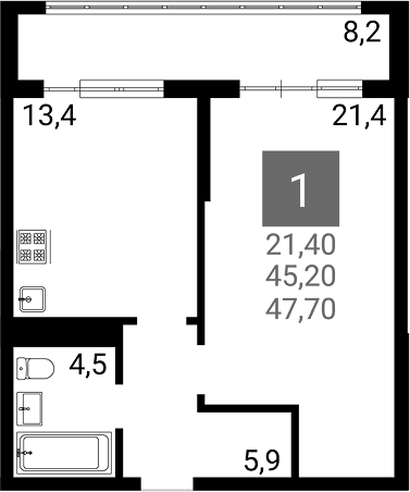 Продается 1-комн. квартира, 45.2 м²
