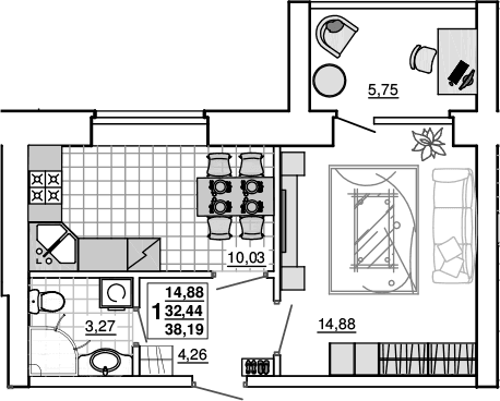 Продается 1-комн. квартира, 32.44 м²