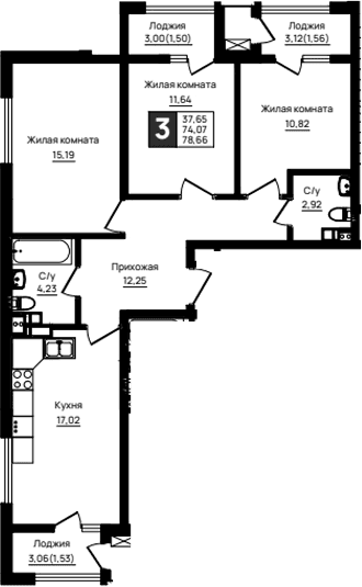 Продается 3-комн. квартира, 74.07 м²