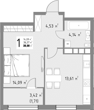 Продается 1-комн. квартира, 36.37 м²