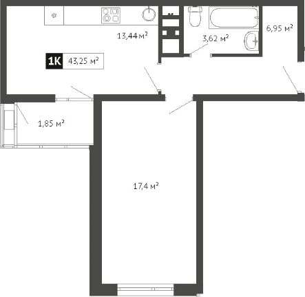 Продается 1-комн. квартира, 43.26 м²
