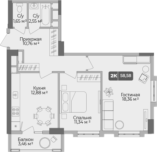 Продается 2-комн. квартира, 57.51 м²
