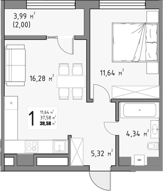 Продается 1-комн. квартира, 37.58 м²